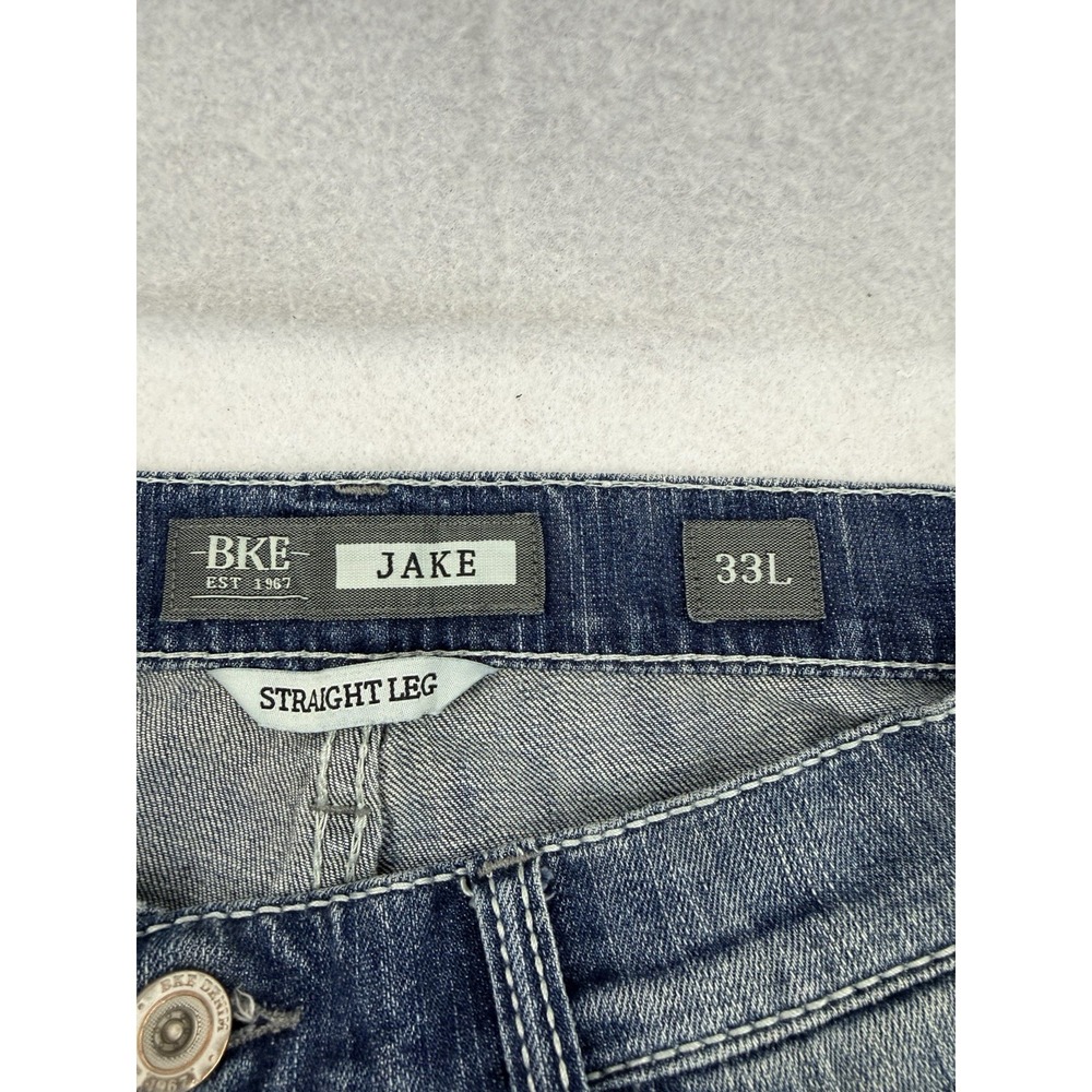 BKE Buckle Jeans Mens 33x34 Blue Denim JAKE Pants, Straight Leg, Distressed - Picture 7 of 11